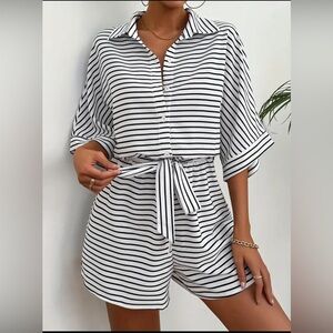 Striped Print Collared Romper, Casual Short Sleeve Button Romper